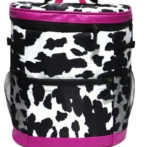 #85 Stylish Black and White Cow Print Backpack Cooler with Pink Accents